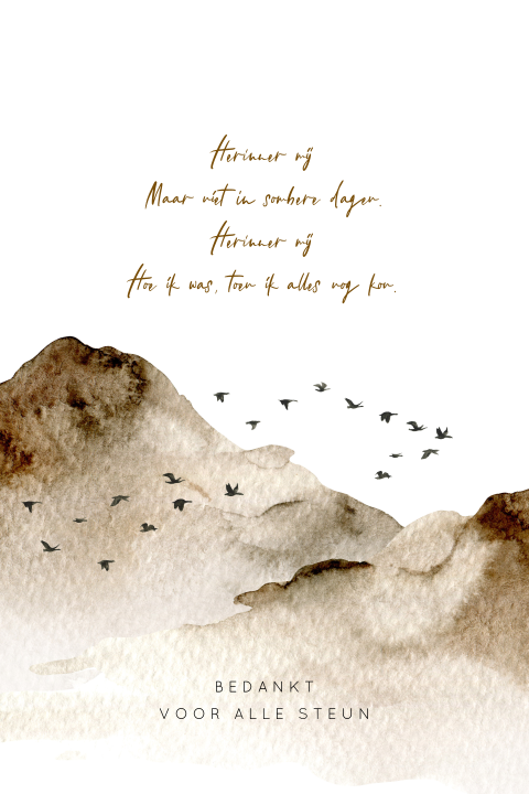 Rouw bedankkaart met landschap van aquarel bergen en vogels