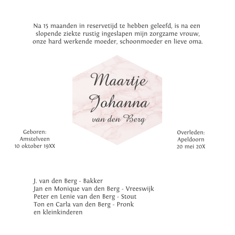 Rouwkaart met geometrisch figuur op roze marmer