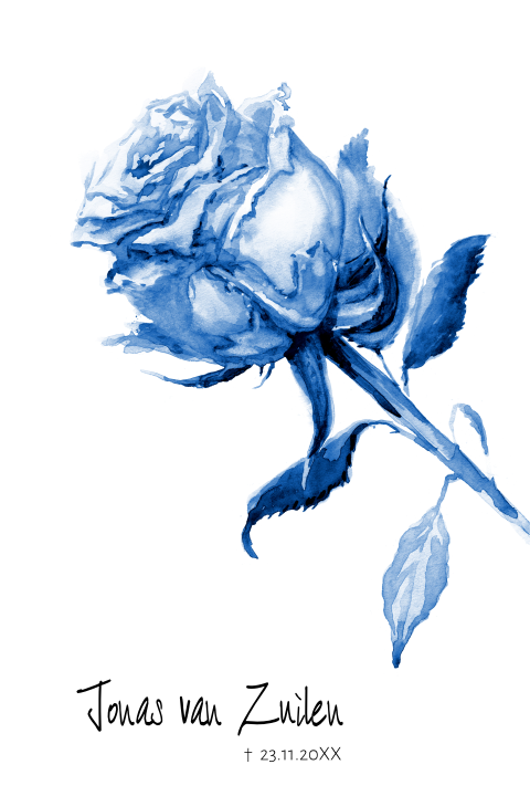 Rouwkaart met een geschilderde roos in Delfts blauw