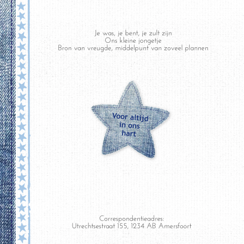 Bijzondere rouwkaart met jeans ster en foto