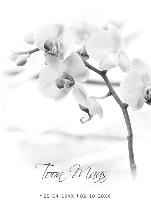 Stijlvolle zwart witte rouwbrief met orchidee